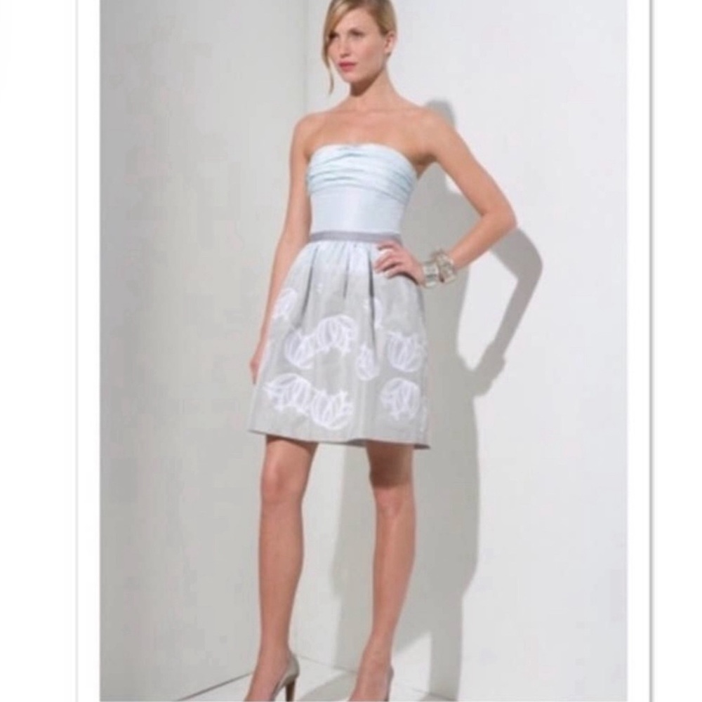 BCBG Strapless, Light Blue and Grey Taffeta Cocktail, Summer Soirée Dress